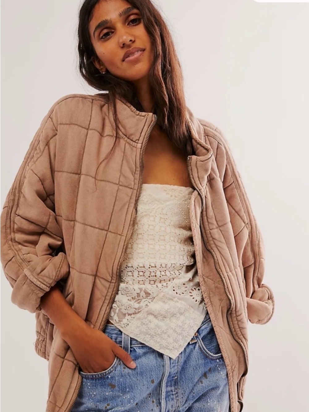 Free People Quilted Jacket in Taupe